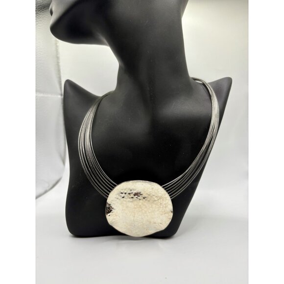 Chicos Silver Tone Wire Chain Floating Disc Pendant Necklace Statement Modernist - Picture 1 of 6